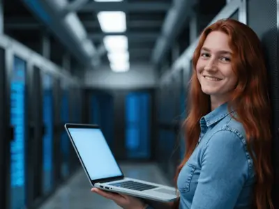 AKAD Studierende der Elektrotechnik mit Laptop im Serverraum