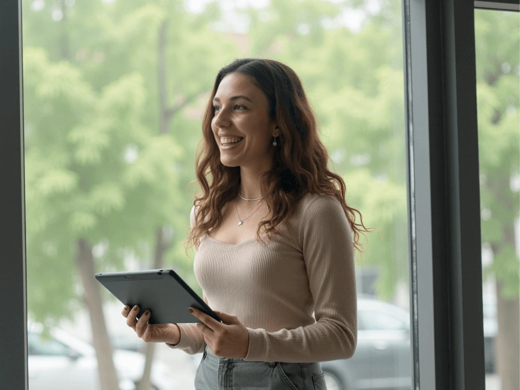 Studentin im Bachelor Online Marketing filmt sich mit einer Kamera während sie präsentiert