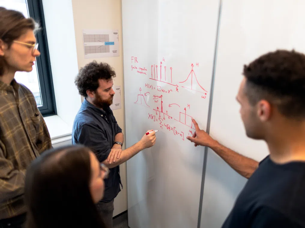 Eine Gruppe von Menschen, die unter Anleitung des Systems Engineering Managers an einem Whiteboard ein Brainstorming durchführt.