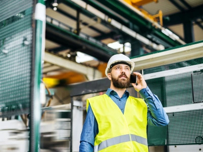 Ein Reglungstechniker steht mit Schutzhelm in einer Lagerhalle mit Warnweste und telefoniert