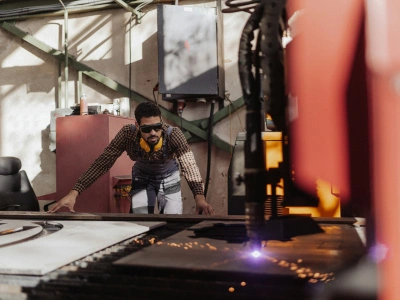 Ein Materialtechniker kontrolliert einen Laser der Metall bearbeitet und hat eine Schutzbrille an