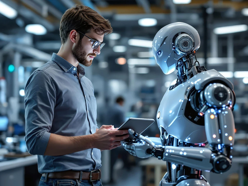 Junger Mann mit Tablet vor Roboter