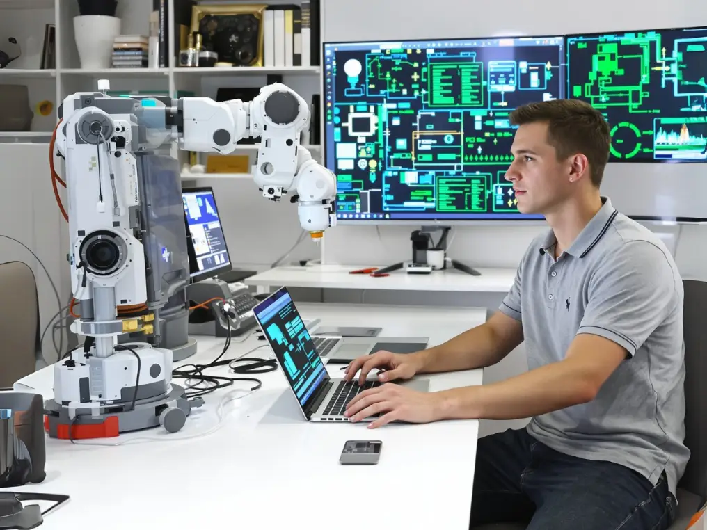 Ein Digital Engineering-Student sitzt vor einem Roboterarm und nimmt in seinem Laptop Einstellungen vor.  