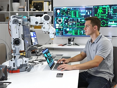 Ein Digital Engineering-Student sitzt vor einem Roboterarm und nimmt in seinem Laptop Einstellungen vor.  
