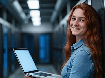 Eine Elektrotechnik-Studentin steht mit ihrem Laptop in einem Serverraum und lehnt sich gegen die Wand.
