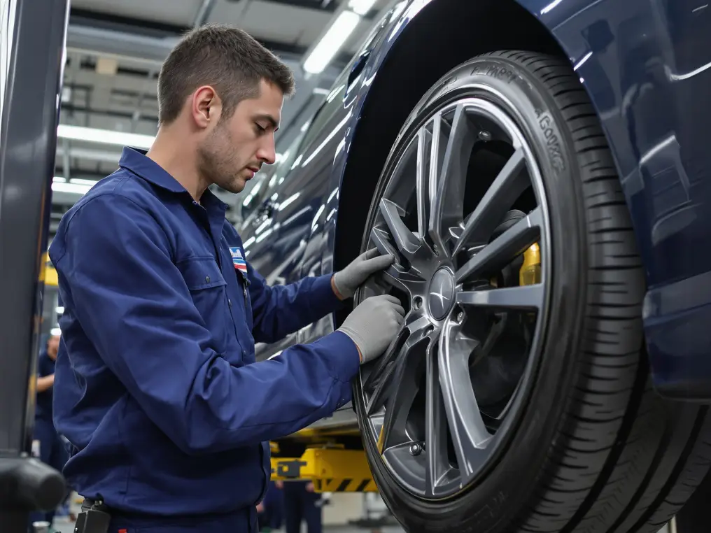 Ein Fahrzeugtechnik-Student steht neben einem hochgehobenen Auto und schraubt an einem Reifen mit Felge.