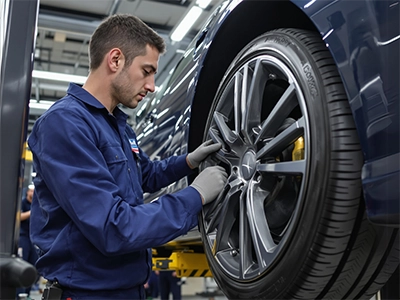 Ein Fahrzeugtechnik-Student steht neben einem hochgehobenen Auto und schraubt an einem Reifen mit Felge.