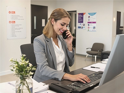 Eine Gesundheitsmanagement-Studentin sitzt im Empfangsbereich einer Praxis und telefoniert.