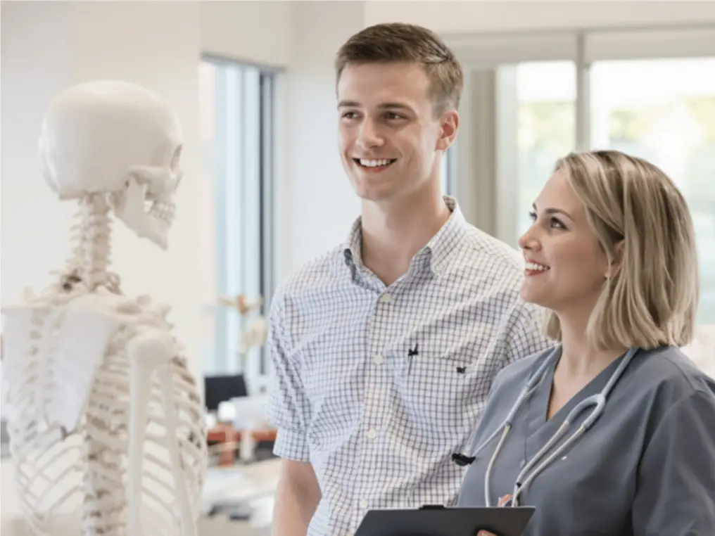 Zwei Gesundheitspädagogik-Studierende stehen vor einem Skelett.  