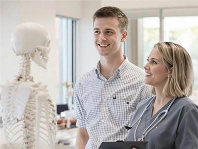Zwei Gesundheitspädagogik-Studierende stehen vor einem Skelett.
