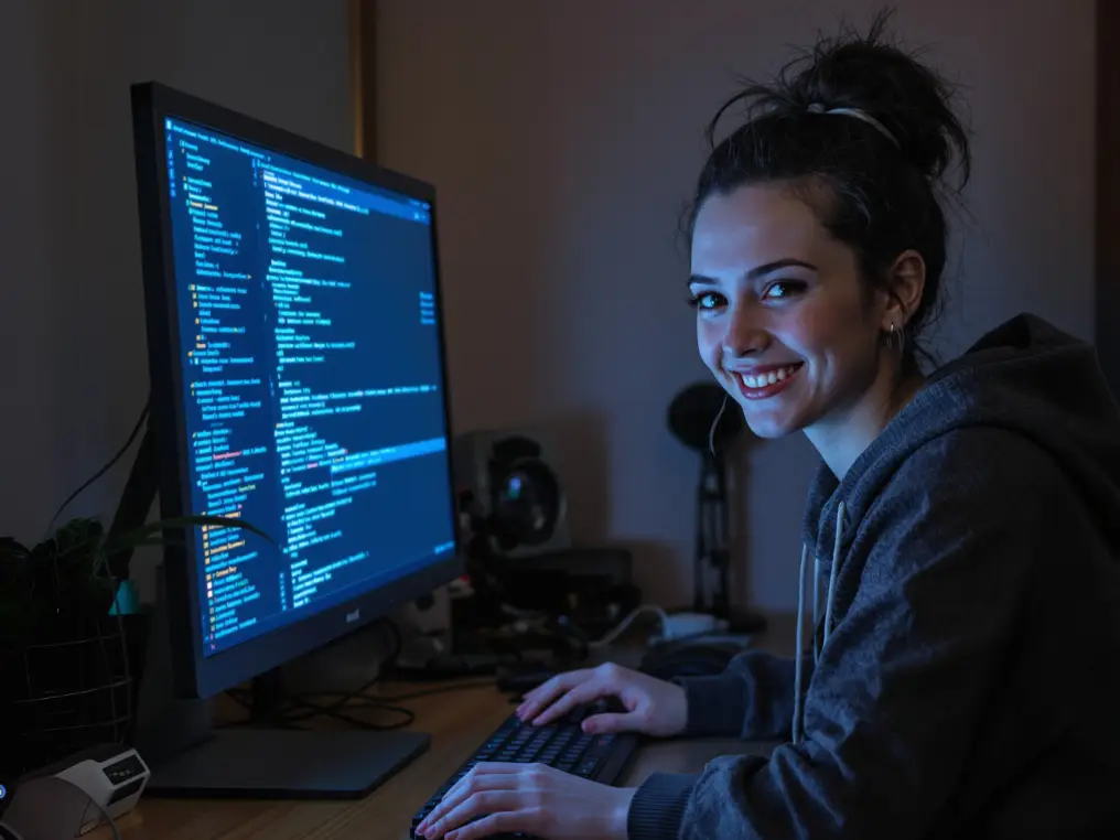 Eine Informatik-Studentin sitzt am Schreibtisch vor einem Bildschirm auf dem Programmiercodes zu sehen sind.