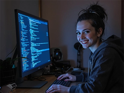 Eine Informatik-Studentin sitzt am Schreibtisch vor einem Bildschirm auf dem Programmiercodes zu sehen sind.