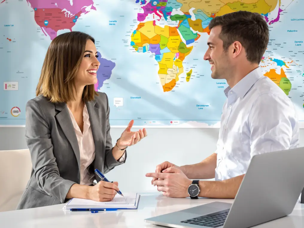 Zwei International Business Communication-Studierende unterhalten sich vor einer an der Wand hängenden Landkarte.