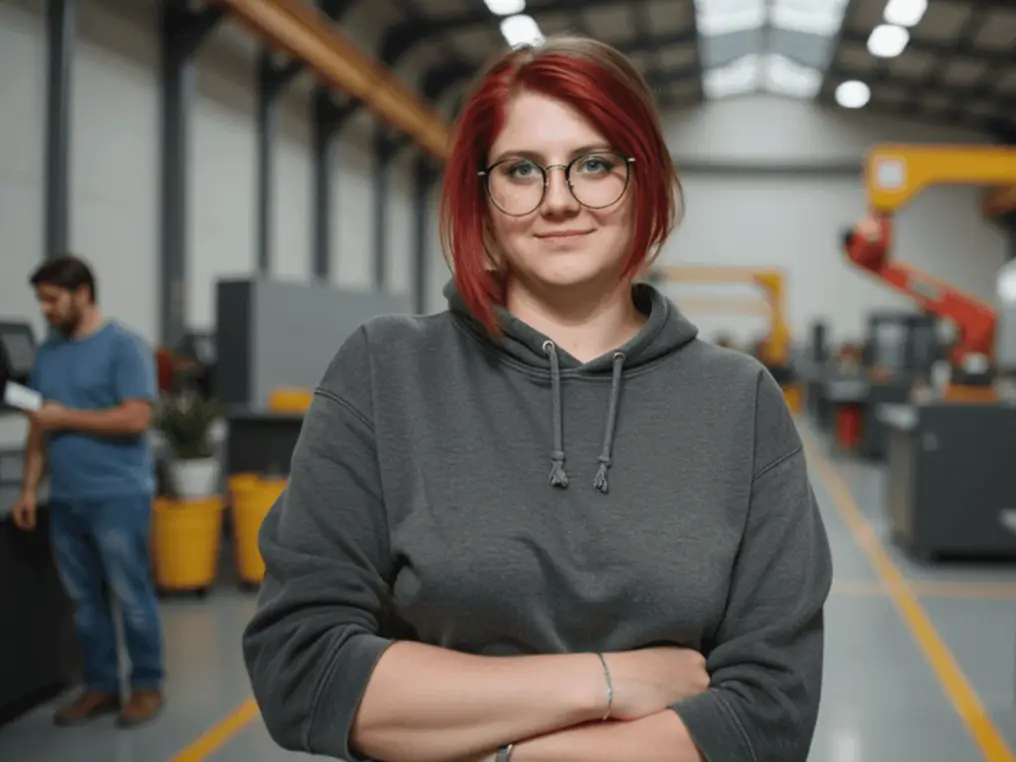 Eine Maschinenbau-Studentin steht mit verschränkten Armen in einer Produktionshalle.