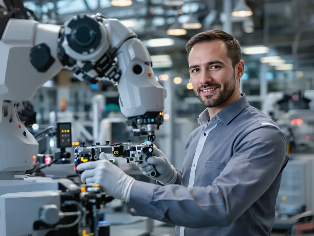 Ein Mechatronik-Student steht in einer Produktionshalle neben einem Roboterarm.