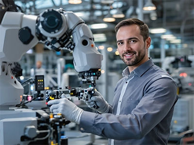 Ein Mechatronik-Student steht in einer Produktionshalle neben einem Roboterarm.