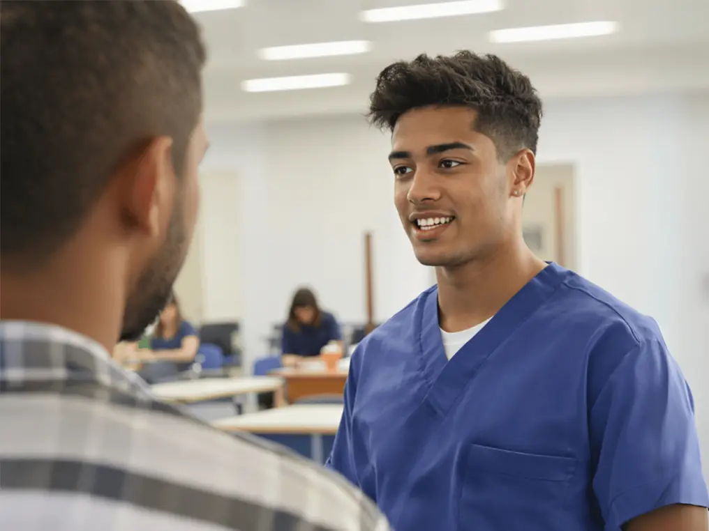 Ein Pflegepädagogik-Student steht im Aufenthaltsraum eines Krankenhauses und spricht mit einem Mann.  
