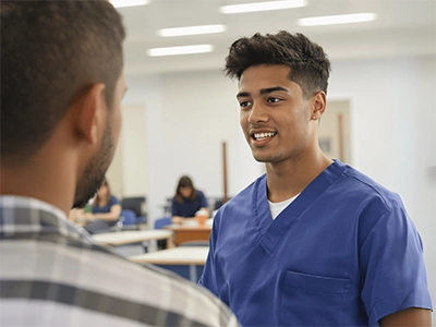 Ein Pflegepädagogik-Student steht im Aufenthaltsraum eines Krankenhauses und spricht mit einem Mann.