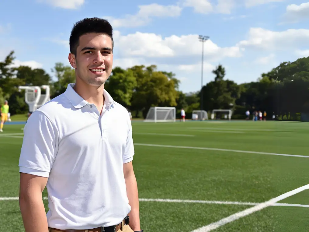 Ein Sportmanagement-Student steht auf einem Sportplatz.  
