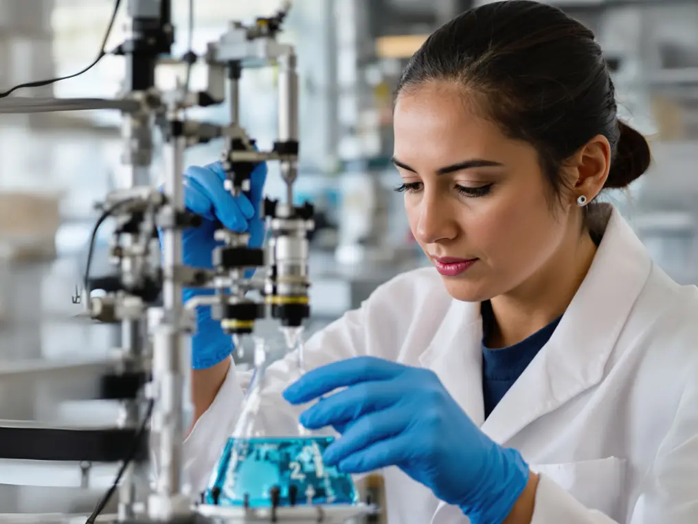 Eine Verfahrenstechnik-Studentin arbeitet in einem Lanbor und schaut auf ein Reagenzglas mit blauer Flüssigkeit.