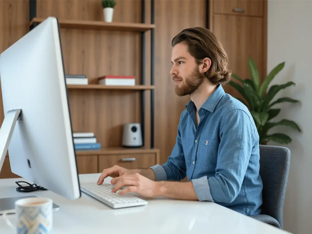 Ein BWL-Student sitzt an einem Schreibtisch vor seinem Computer und arbeitet. 