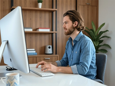 Ein BWL-Student sitzt an einem Schreibtisch vor seinem Computer und arbeitet. 