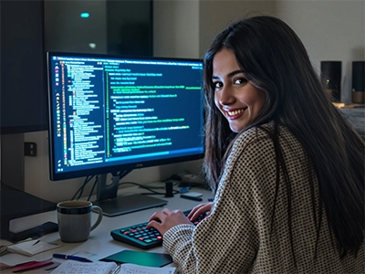Eine Controlling-Studentin sitzt vor einem Computer-Bildschirm mit Programmierungscodes. 