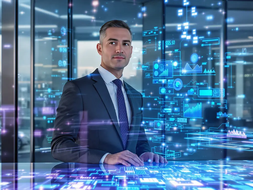 Ein Digital Leadership-Student in einem Anzug steht hinter einem Tisch. 
