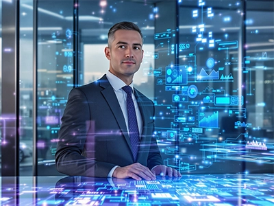 Ein Digital Leadership-Student in einem Anzug steht hinter einem Tisch. 