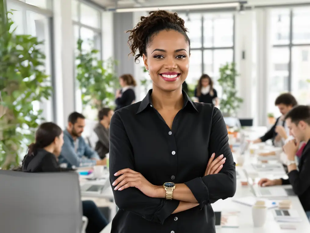 Eine Personalmanagement-Studentin steht in einem Besprechungsraum mit verschränkten Armen.