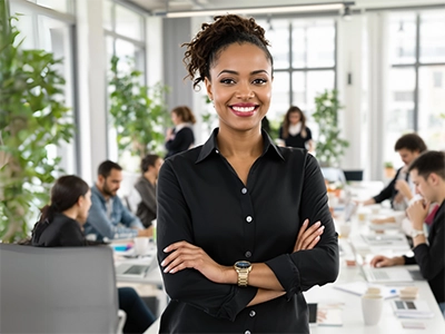 Eine Personalmanagement-Studentin steht in einem Besprechungsraum mit verschränkten Armen.