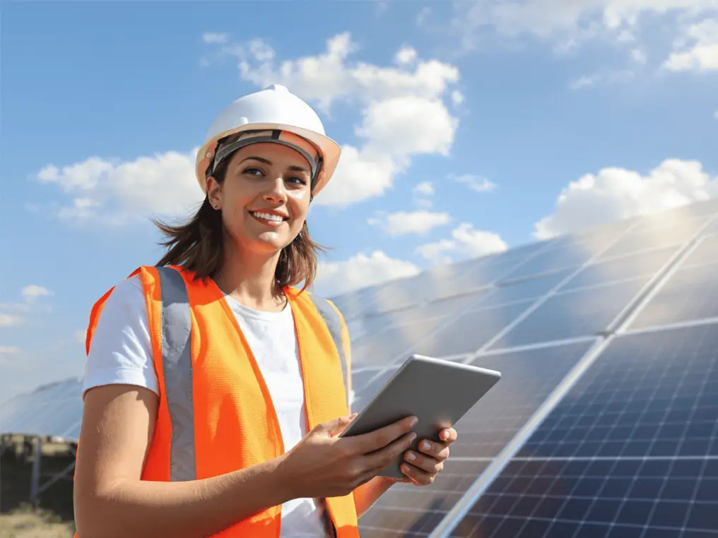 Eine Wirtschaftsingenieurwesen-Studentin mit Helm und Warnweste steht vor einer großen Solaranlage und hält ein Tablet in der Hand.