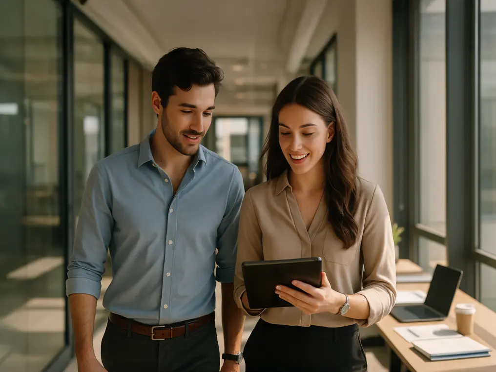 2 Studierende in professioneller Kleidung stehen in einem Büro-Gang und schauen in ein Tablet und lächeln.