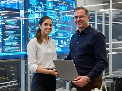 Eine Digital Engineering-Studentin und ihr Betreuer stehen in einem Computerraum.