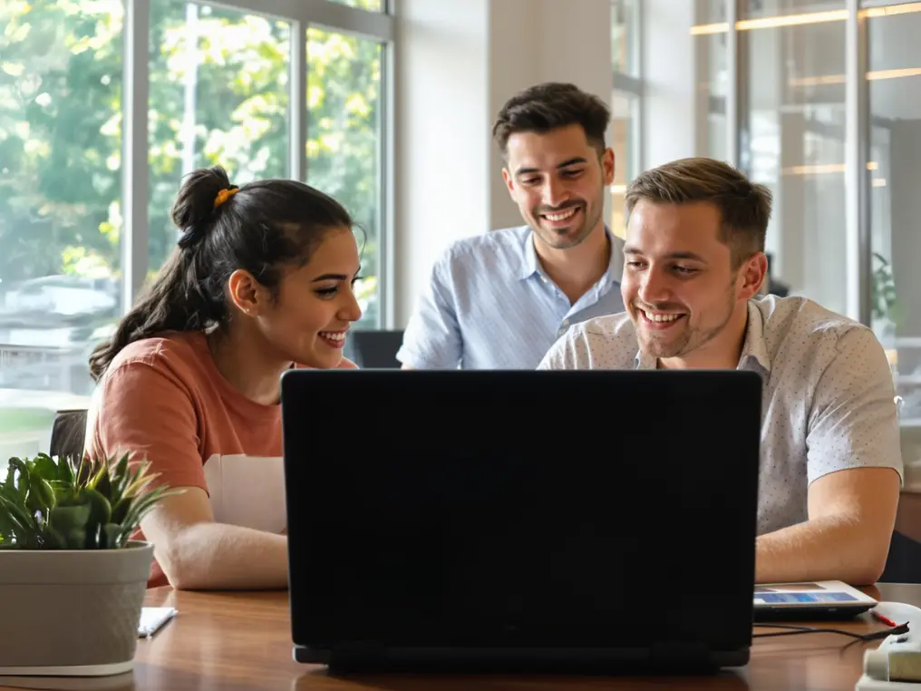 Drei Informatik-Studierende sitzen vor einem Laptop und schauen auf den Bildschirm.  