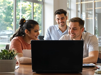 Drei Informatik-Studierende sitzen vor einem Laptop und schauen auf den Bildschirm.