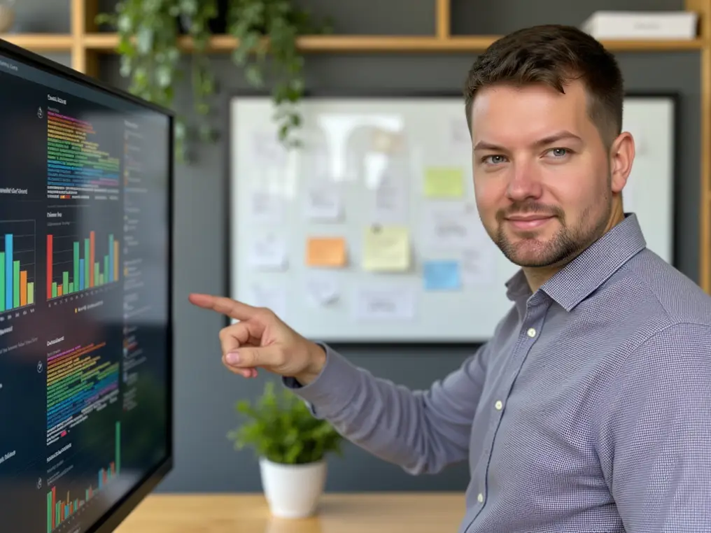 Ein Masterstudent im Bereich Controlling zeigt auf einen Bildschirm mit Diagrammen und Codes.  