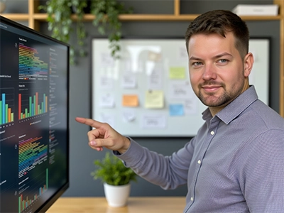 Ein Masterstudent im Bereich Controlling zeigt auf einen Bildschirm mit Diagrammen und Codes.  