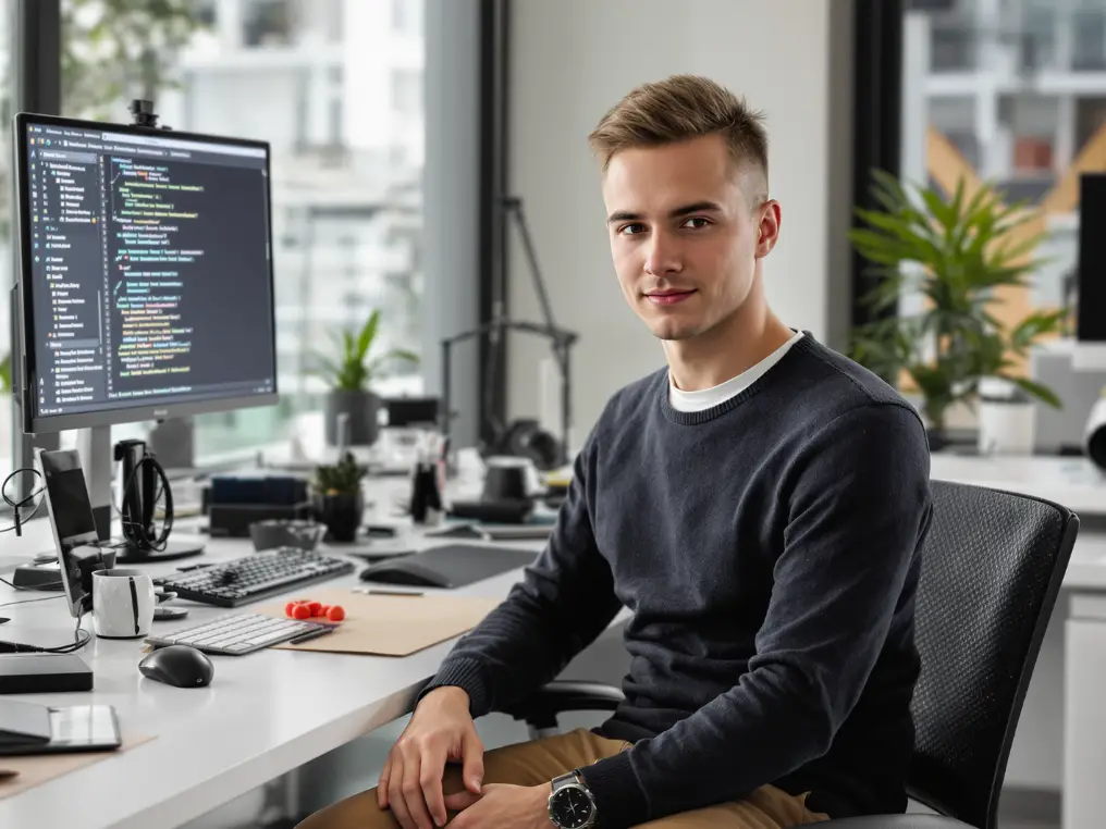 Ein Data Science-Student sitzt in einem Büro und arbeitet an Programmierungscodes. 