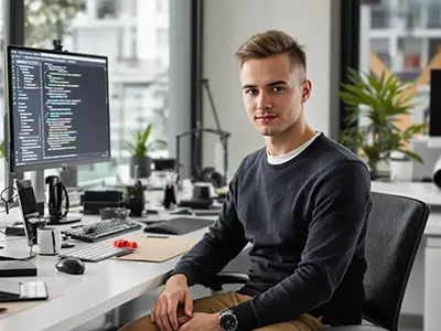 Ein Data Science-Student sitzt in einem Büro und arbeitet an Programmierungscodes. 
