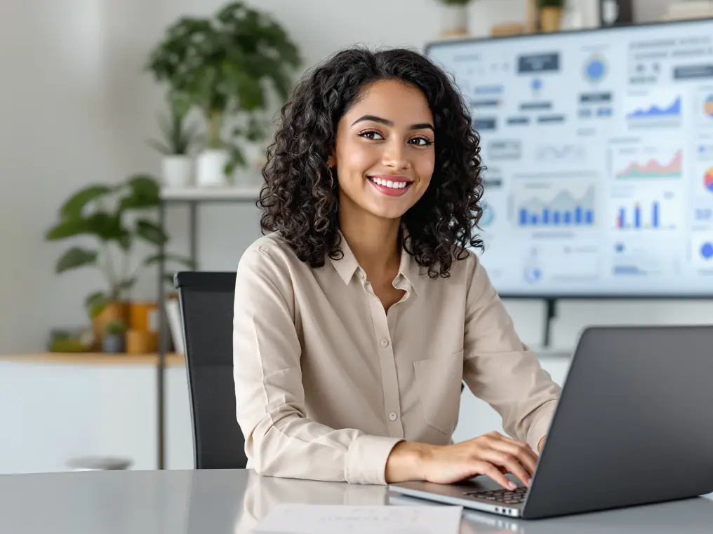 Eine Digital Business Management-Studentin sitzt am Schreibtisch und arbeitet an ihrem Laptop.  