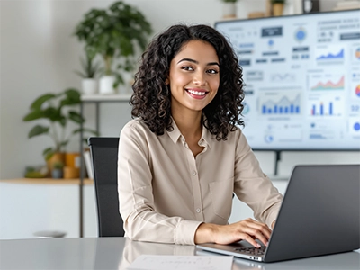 Eine Digital Business Management-Studentin sitzt am Schreibtisch und arbeitet an ihrem Laptop.  