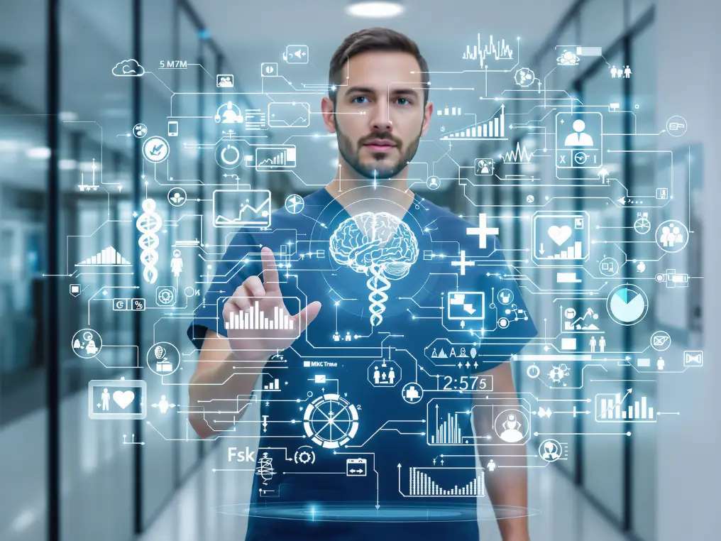 Ein Digital Health-Student steht im Flur eines Krankenhauses und vor ihm erscheinen digitale Abbildungen. 