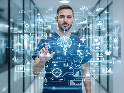 Ein Digital Health-Student steht im Flur eines Krankenhauses und vor ihm erscheinen digitale Abbildungen. 
