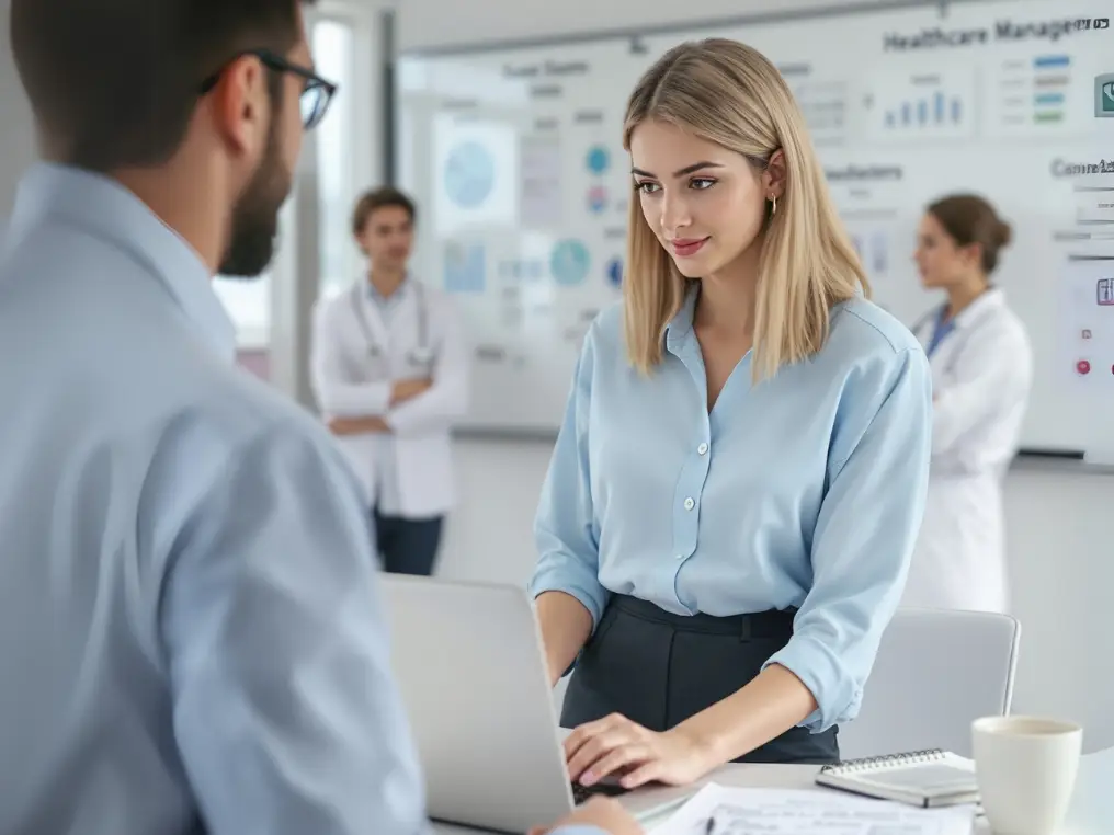 Eine Gesundheitsmanagement-Studentin steht vor ihrem Laptop. 