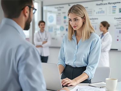 Eine Gesundheitsmanagement-Studentin steht vor ihrem Laptop.