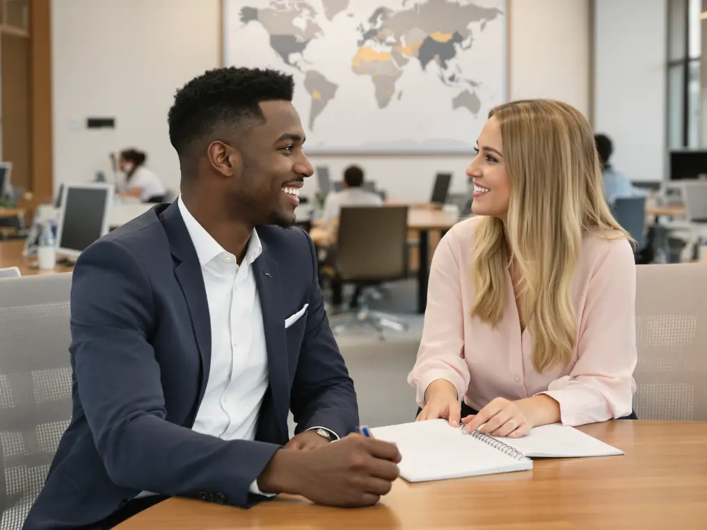 Zwei Global Management-Studierende sitzen in einem Großraumbüro und unterhalten sich. 