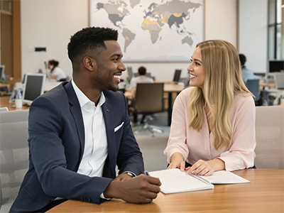 Zwei Global Management-Studierende sitzen in einem Großraumbüro und unterhalten sich. 
