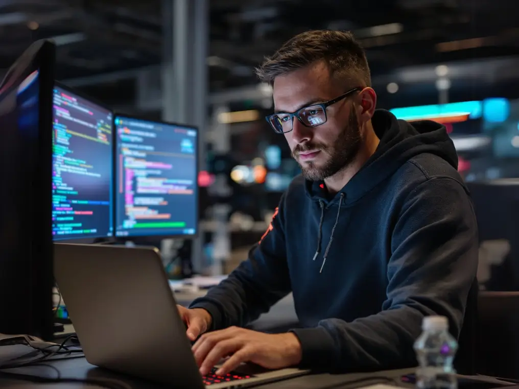 Ein Informatik-Student im Master sitzt in einem Großraumbüro am Laptop und programmiert.