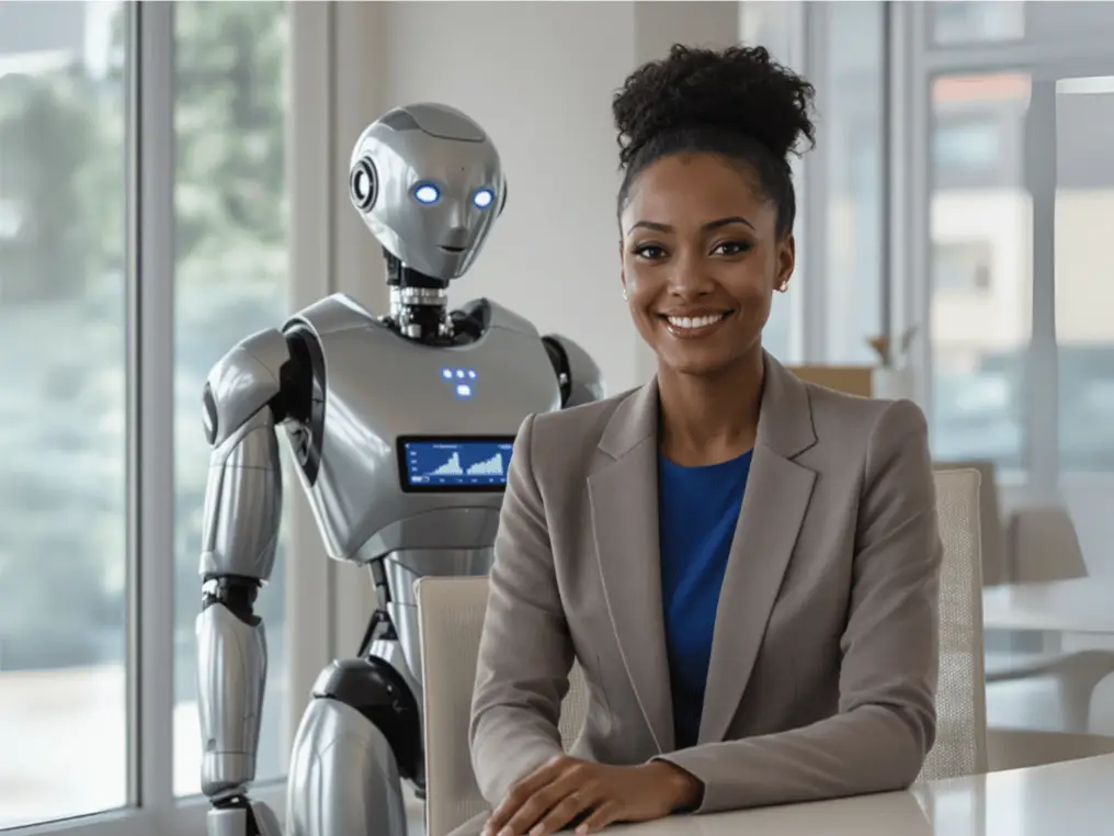 Eine KI-Studentin sitzt an einem Tisch und hinter ihr steht ein Roboter.  